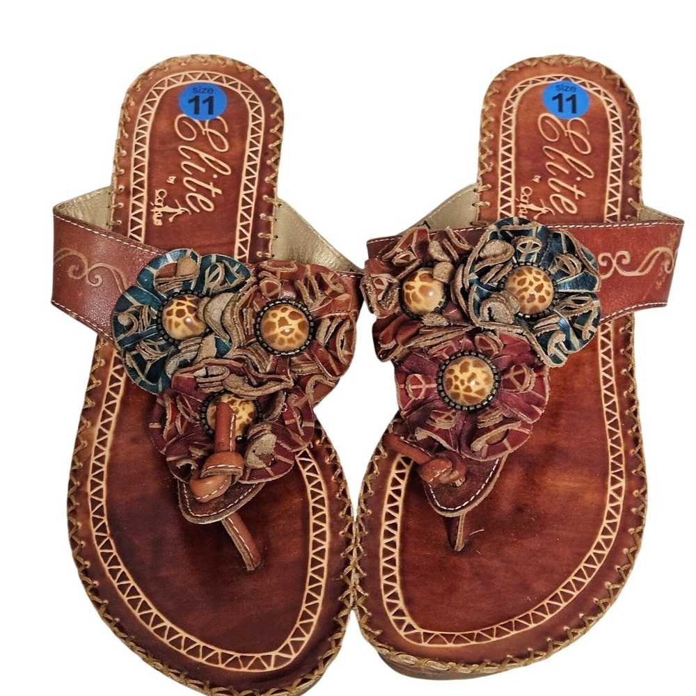 Elite by Corkys Robin Wedge Sandals Womens 11 Brown Leather‎ Floral Boho Thong